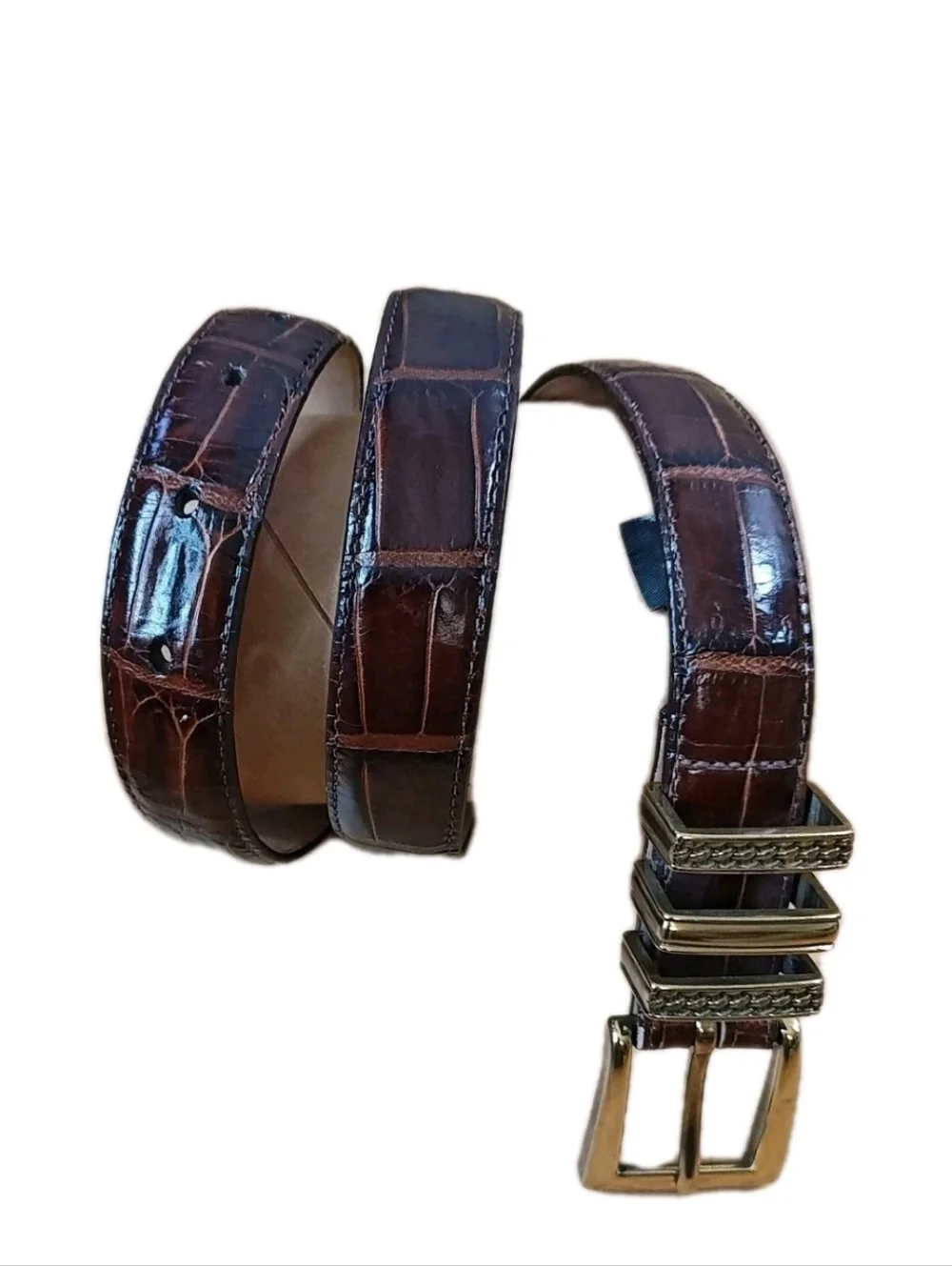 Vtg 90s Brighton USA 40068 Brown Gator Leather Belt Brass Sz 32/M/L Fits 28-32
